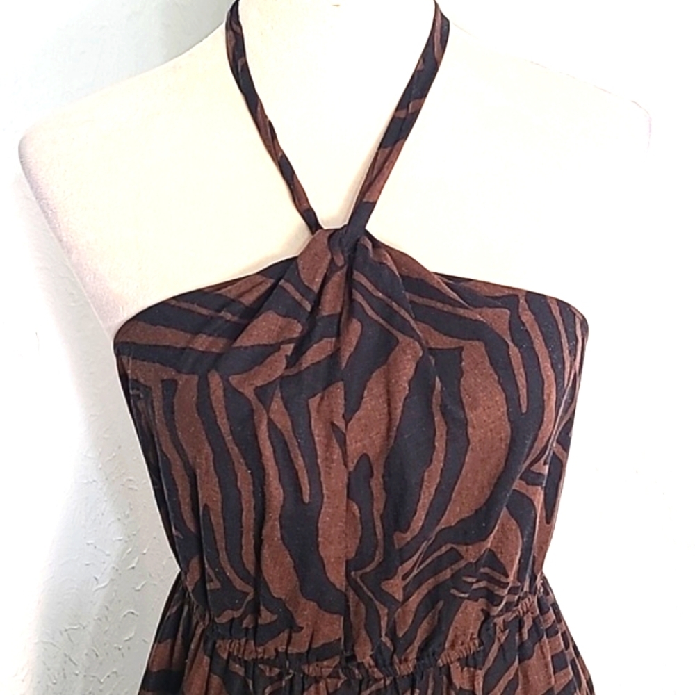 Nicole Miller Brown & Black Maxi-Dress with Halter Neck, Tiers, Ruffle, Size XS - Picture 3 of 11